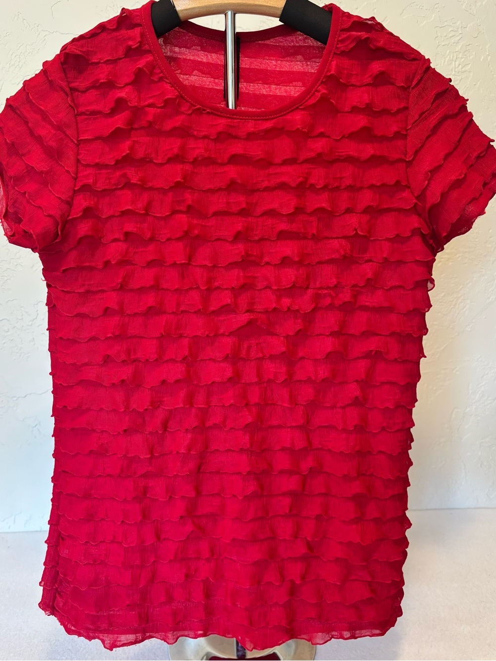 Jasminexcell Petite Medium Red Ruffle Mesh Top Layered Textured Stretch Blouse